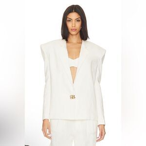 Bronx and Banco Kasai Blazer in Cream White strong shoulder logo jacket Revolve